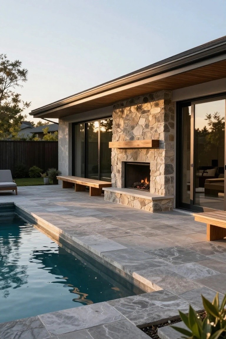 Contemporary house exterior with stacked stone fireplace built into the wall next to sliding glass doors, wooden mantel and benches on tiled patio adjacent to swimming pool.