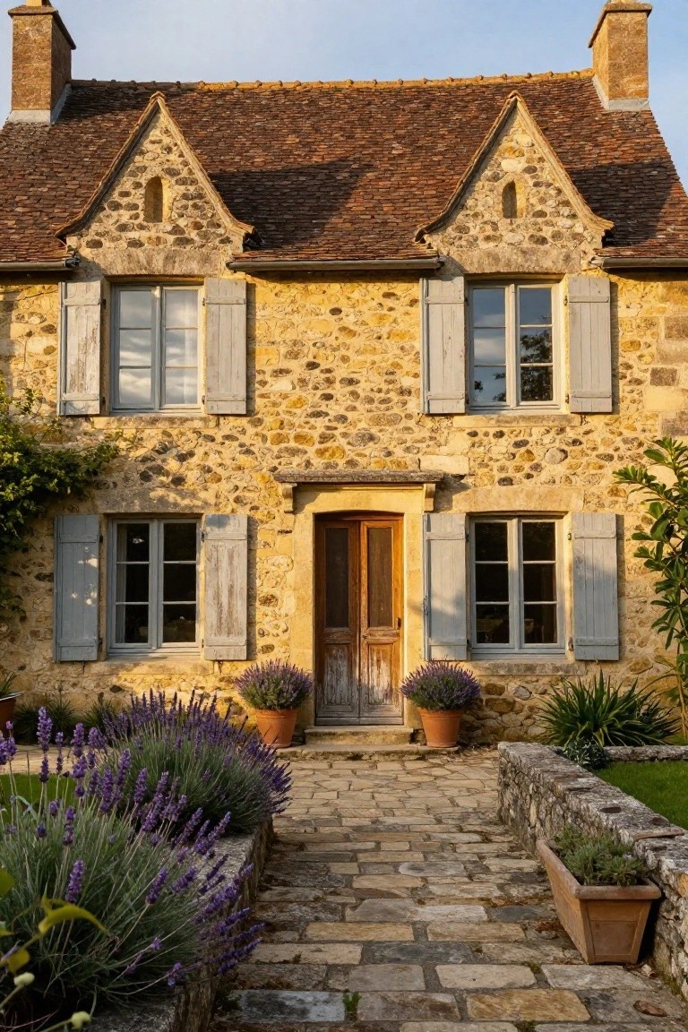 A yellow stone house with gabled roofline, blue shutters on windows, wooden front door, and a stone pathway lined with lavender plants leading to the entry, with terracotta pots nearby.