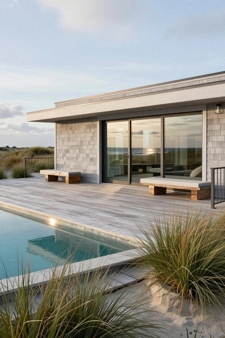 Gray shingle-clad modern beach house with large sliding glass doors opening onto a light wood deck next to a rectangular pool, surrounded by tall dune grasses and sand with ocean view in background.