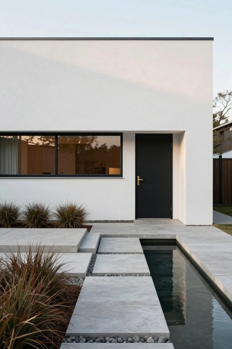 Modern white house with black door, stepping stones over a narrow water channel.