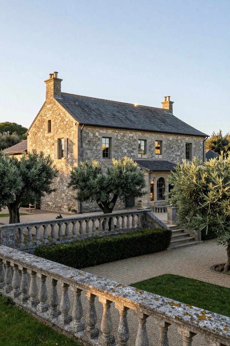 Stone house with slate roof and multiple chimneys, flanked by olive trees, above a gravel terrace edged by a low stone balustrade with steps rising to the entrance.