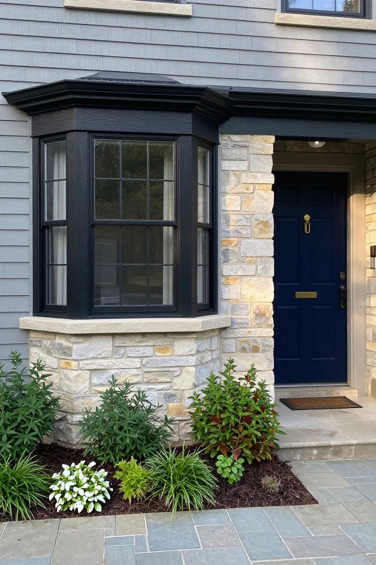 Gray shingled house exterior featuring a beige stone pillar next to a navy blue front door, black-framed bay window, and low plantings with mulch beside a stone paver walkway.