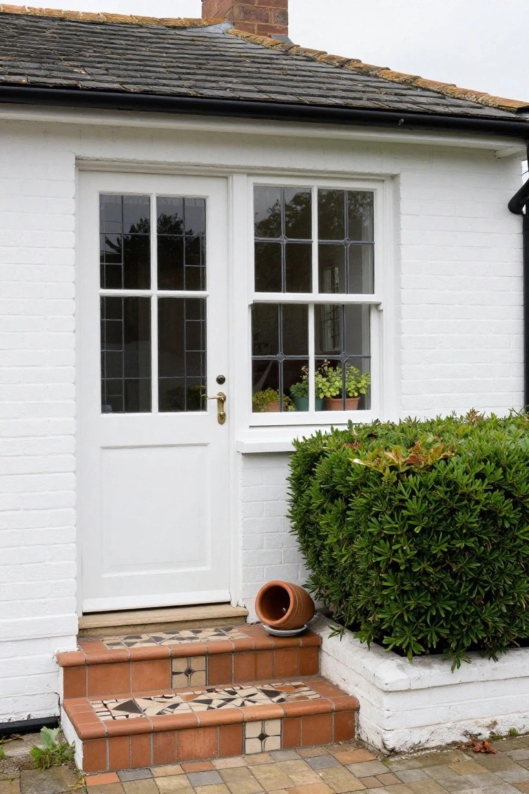 White cottage exterior with a white door flanked by leaded glass windows, terracotta steps featuring patterned tiles, a terracotta pot, boxwood hedge, and potted plants on the windowsill.