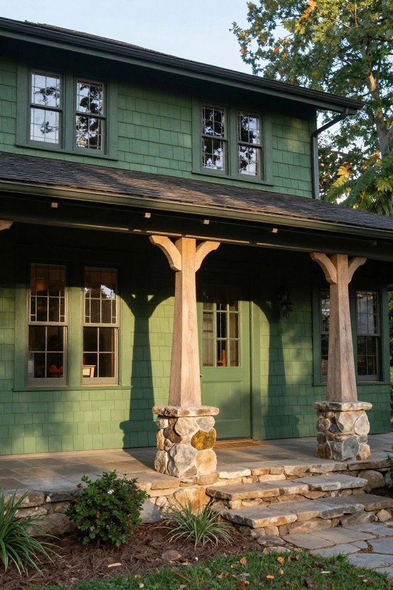 Green Craftsman house with stone porch pillars and steps.