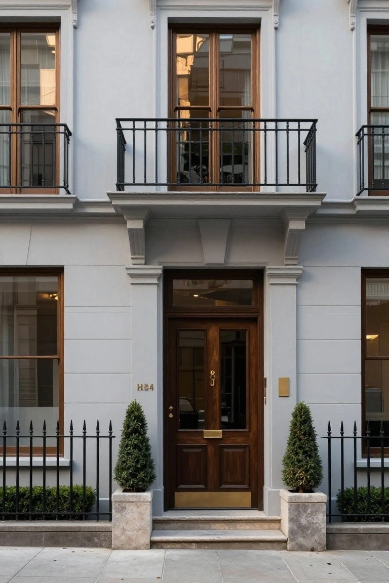 Elegant dark wood double doors with black balcony and potted shrubs.