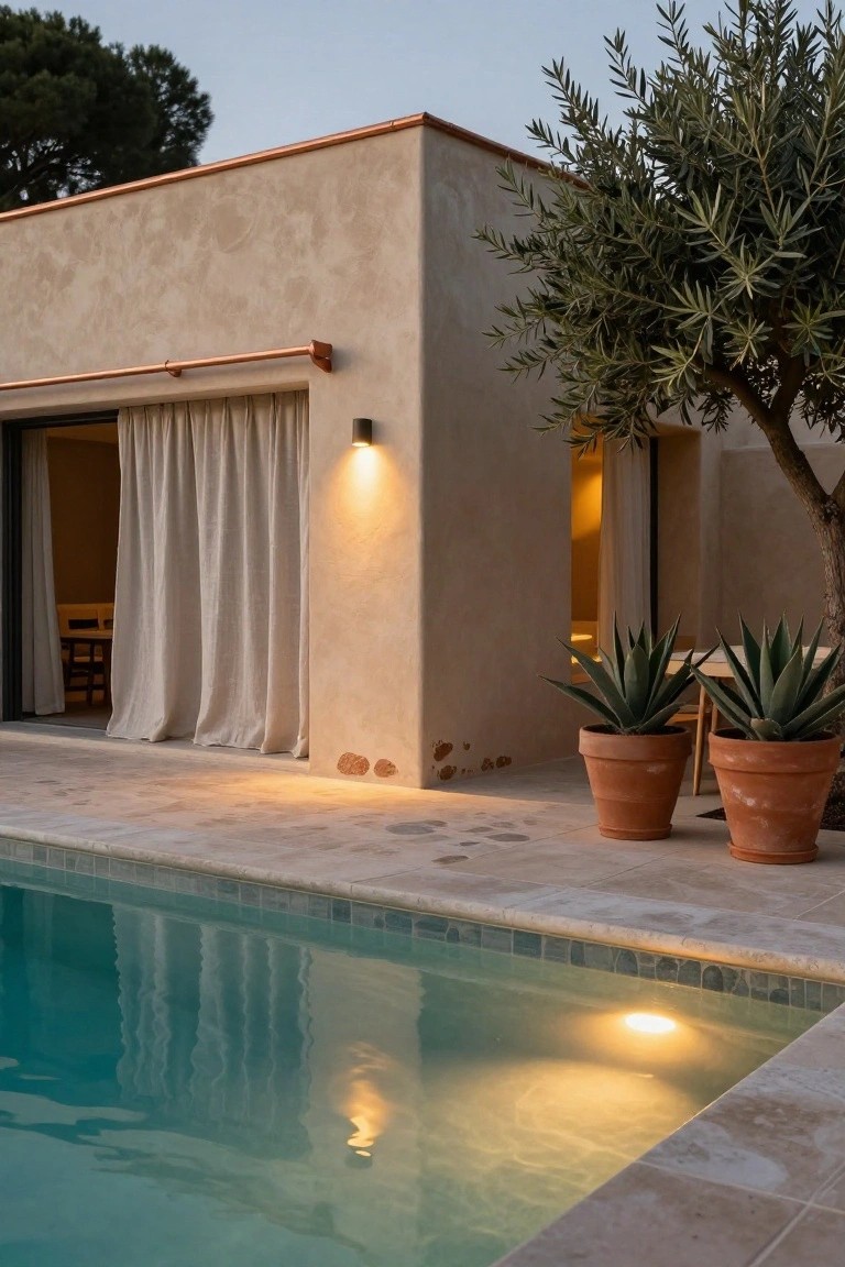 Beige stucco house wall with copper awning over open sliding doors draped in white curtains, olive tree and two agave plants in terracotta pots on stone terrace beside turquoise pool, warm wall and pool lights at dusk.
