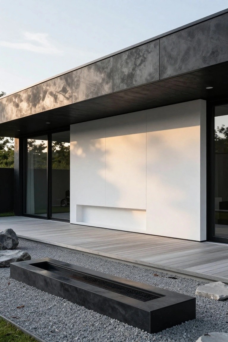 Contemporary house exterior with light wood deck next to white paneled wall and glass doors, featuring a black rectangular fire pit in a gravel area with large rocks and pebbles.