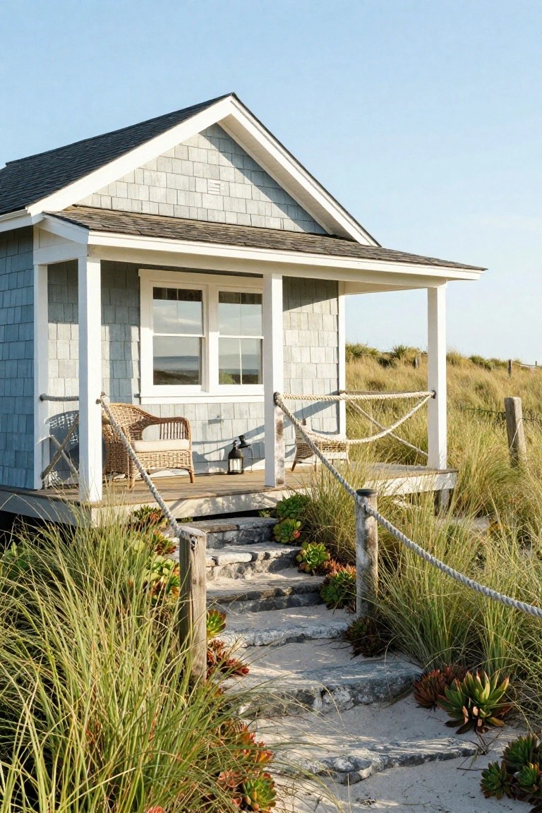 Gray shingled cottage with white-trimmed porch elevated on deck above sand dunes, featuring wicker chairs, lantern, and stone steps with rope railings through beach grass and succulents.