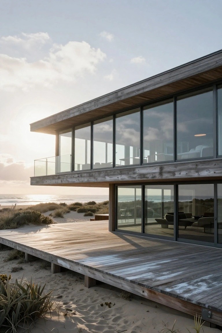 Modern two-story beach house with weathered wood cladding elevated on pilings, featuring large glass walls, a projecting wooden deck, and surrounding sand dunes with ocean view.