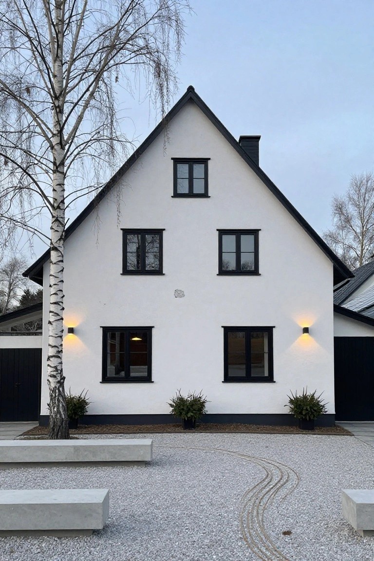A white two-story gabled house with black-framed windows, black trim, and black garage doors next to birch trees and a gravel yard with concrete benches and potted shrubs.