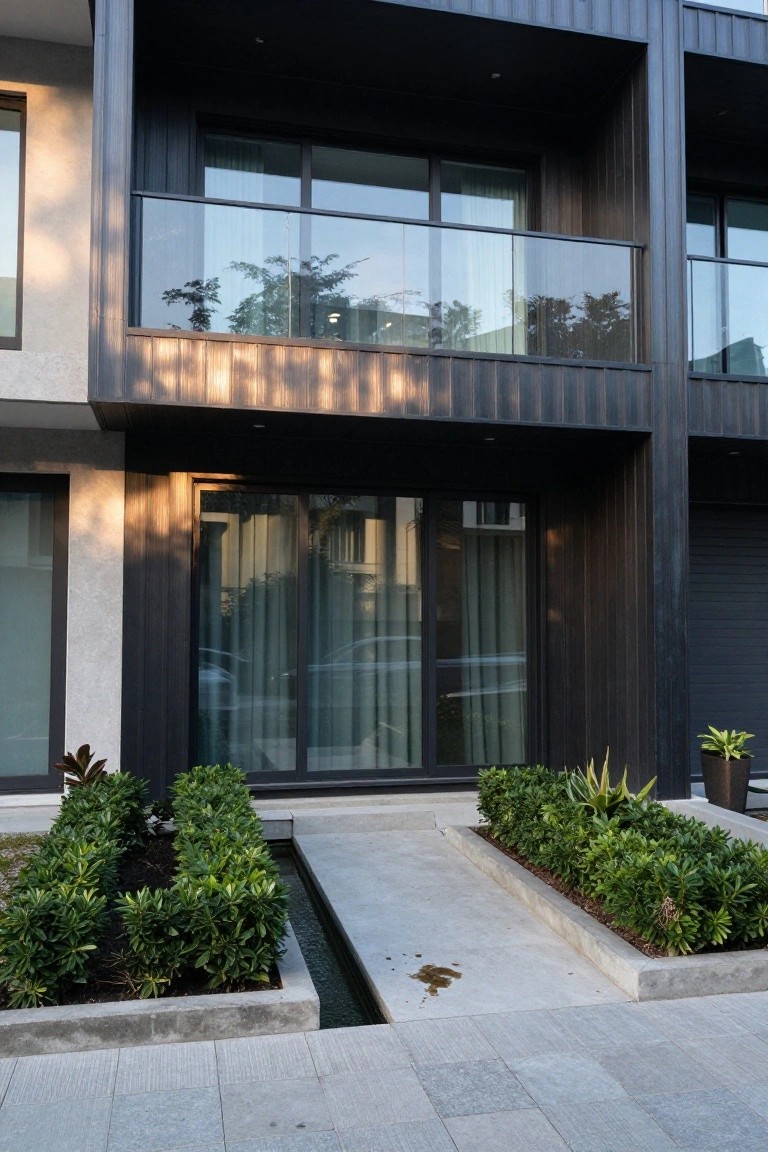 Modern two-story home exterior featuring dark vertical wood cladding, a glass-railed balcony, sliding glass entry doors, boxwood hedges flanking a narrow water channel on a concrete pathway, and potted plants near the entrance.