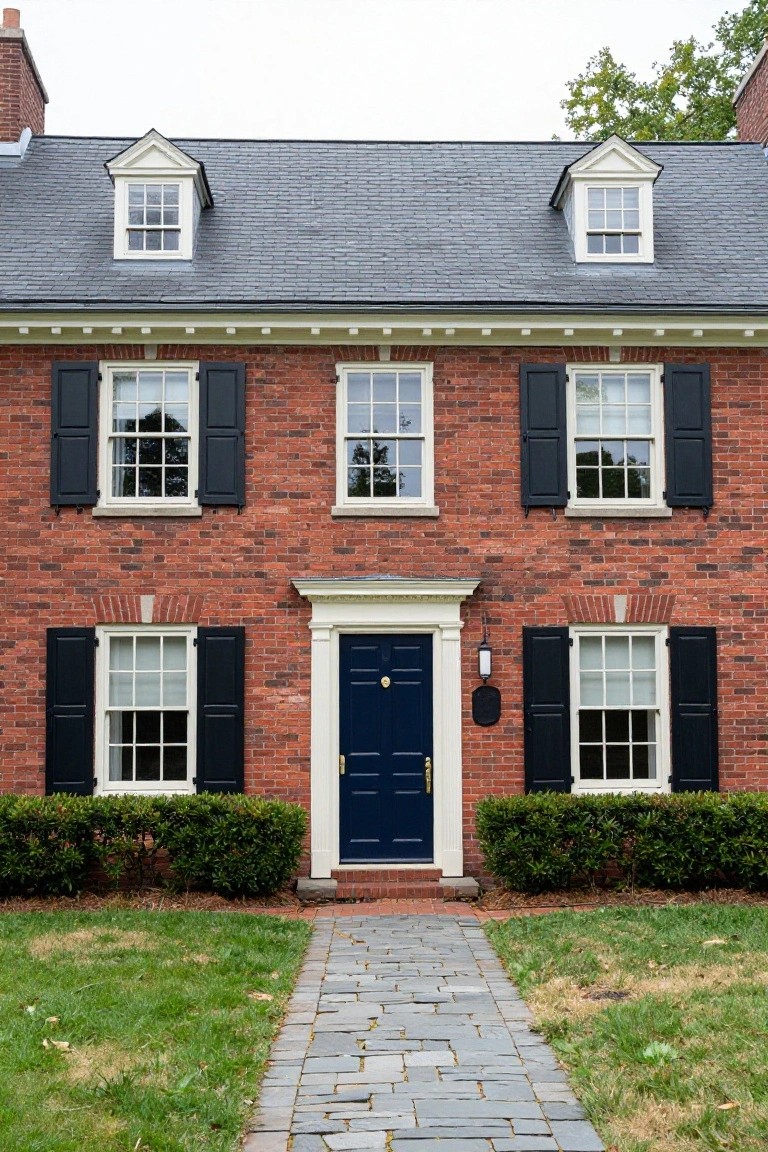 Red brick two-story house with black shutters, white window trim, slate roof with dormers, centered white-columned portico around a navy front door, boxwood hedges flanking the entry, and slate stone pathway through the lawn.