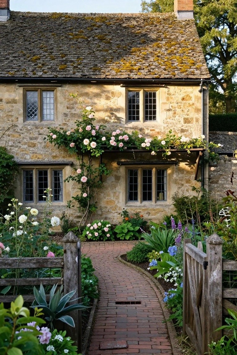Stone cottage house with mossy tile roof, pink climbing roses covering walls, wooden gate at end of curved brick pathway through mixed flower garden.