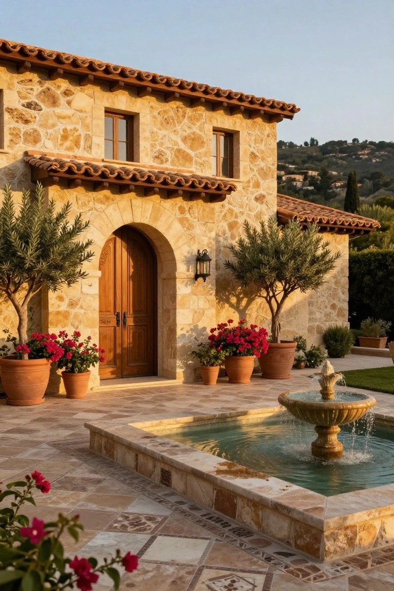 Stone house exterior featuring arched wooden double door, flanked by olive trees and terracotta pots of red geraniums, tiled patio with central stone fountain and pool.