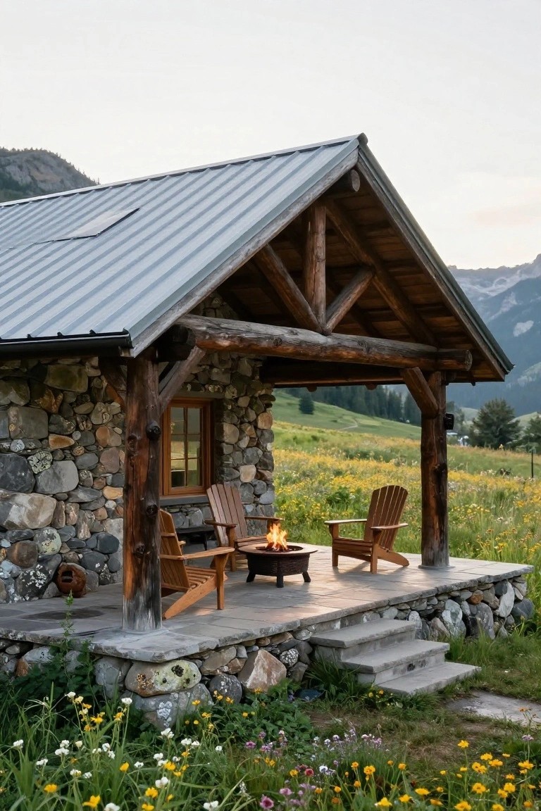 Rustic stone cabin with log-beam covered porch, Adirondack chairs around a central fire pit on a stone deck, surrounded by wildflowers and mountains.