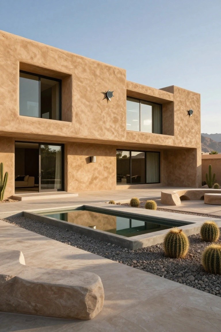 Tan stucco modern house exterior with large frameless windows and sliding glass doors opening onto a gravel courtyard containing a long narrow rectangular reflecting pool edged in concrete, surrounded by barrel cacti, pebbles, and curved stone benches, with desert mountains in the background.