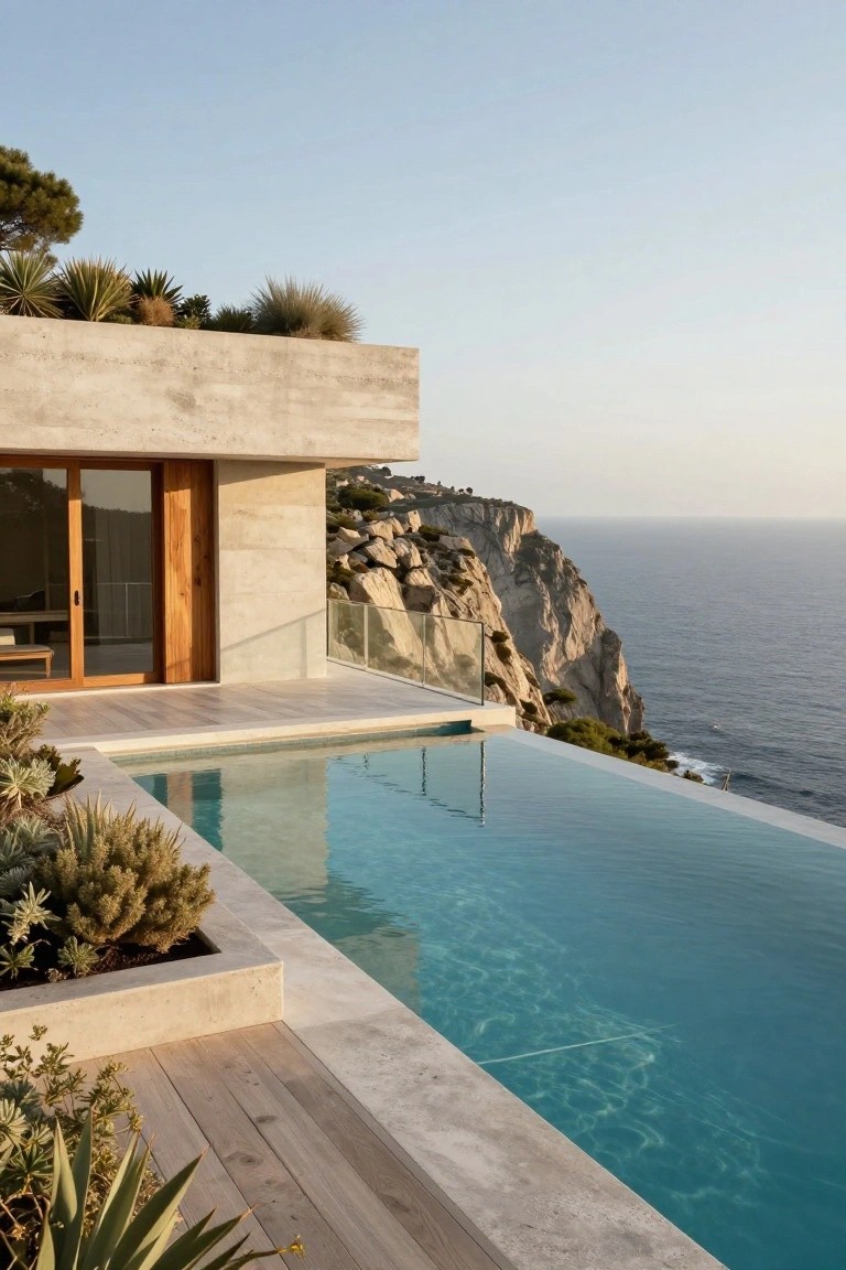Modern concrete house on a cliffside with infinity edge pool, wood decking, glass railing, succulents in planters, and ocean view.