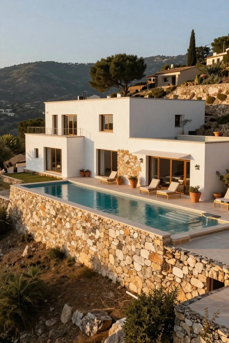 White modern two-story house on a rocky hillside with infinity-edge swimming pool along a stone retaining wall, wooden lounge chairs on the pool deck, large glass windows, and surrounding pine trees and dry landscape.