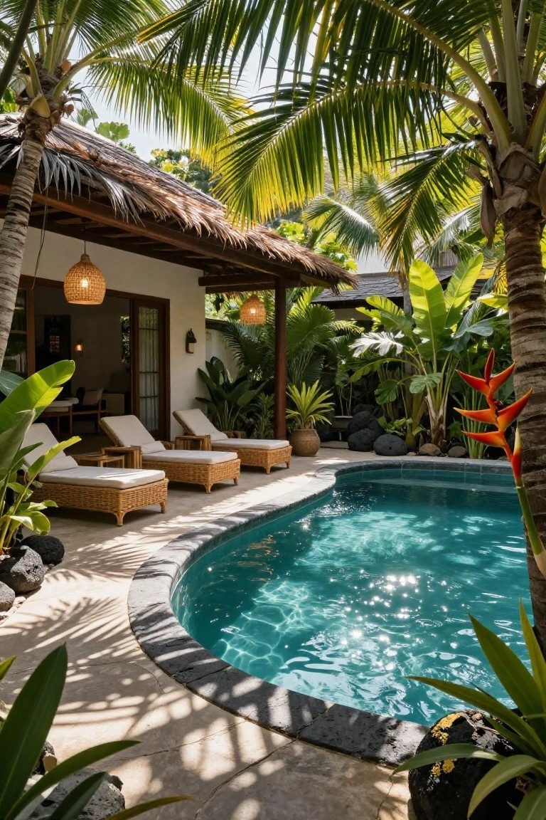 Curved turquoise pool on a stone deck surrounded by tropical plants including palms, banana leaves, and heliconias, with white woven lounge chairs, hanging lanterns, and a thatched-roof white villa in the background.
