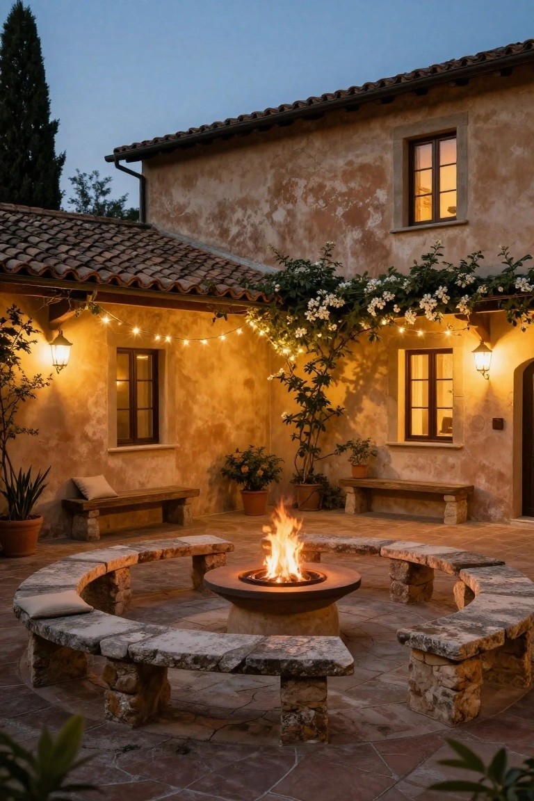 Dusk patio outside a stucco house with a central circular stone fire pit surrounded by built-in stone benches, string lights overhead, lanterns on walls, climbing vines, and potted plants.