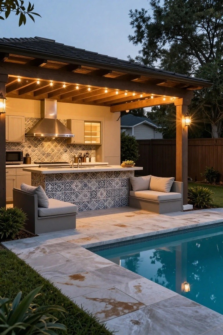 Wooden pergola covering an outdoor kitchen with stainless range hood, cabinets, cooktop, tiled blue and white bar counter, and cushioned seating, positioned next to an inground pool on a travertine patio at dusk with string lights and lanterns.