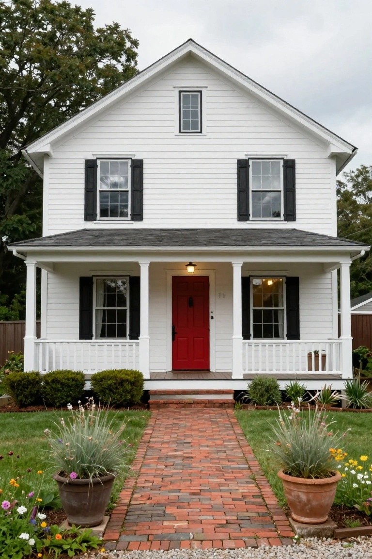 White clapboard two-story house with black shutters, red front door, covered porch with columns, brick walkway, potted plants, and ornamental grasses in the front yard.