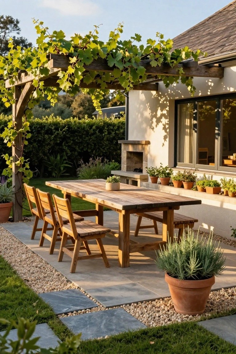 Wooden pergola covered in green grapevines over a long rectangular dining table with chairs on a stone and gravel patio next to a stucco house wall with windows, fireplace, and potted plants.