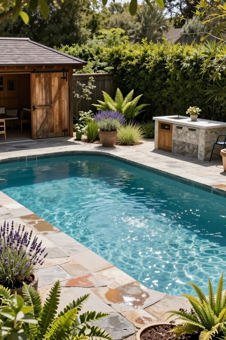 A small turquoise pool with stone decking surrounded by potted plants, lavender, ferns, and grasses, next to a rustic wooden shed with open barn doors and a stone outdoor kitchen counter.