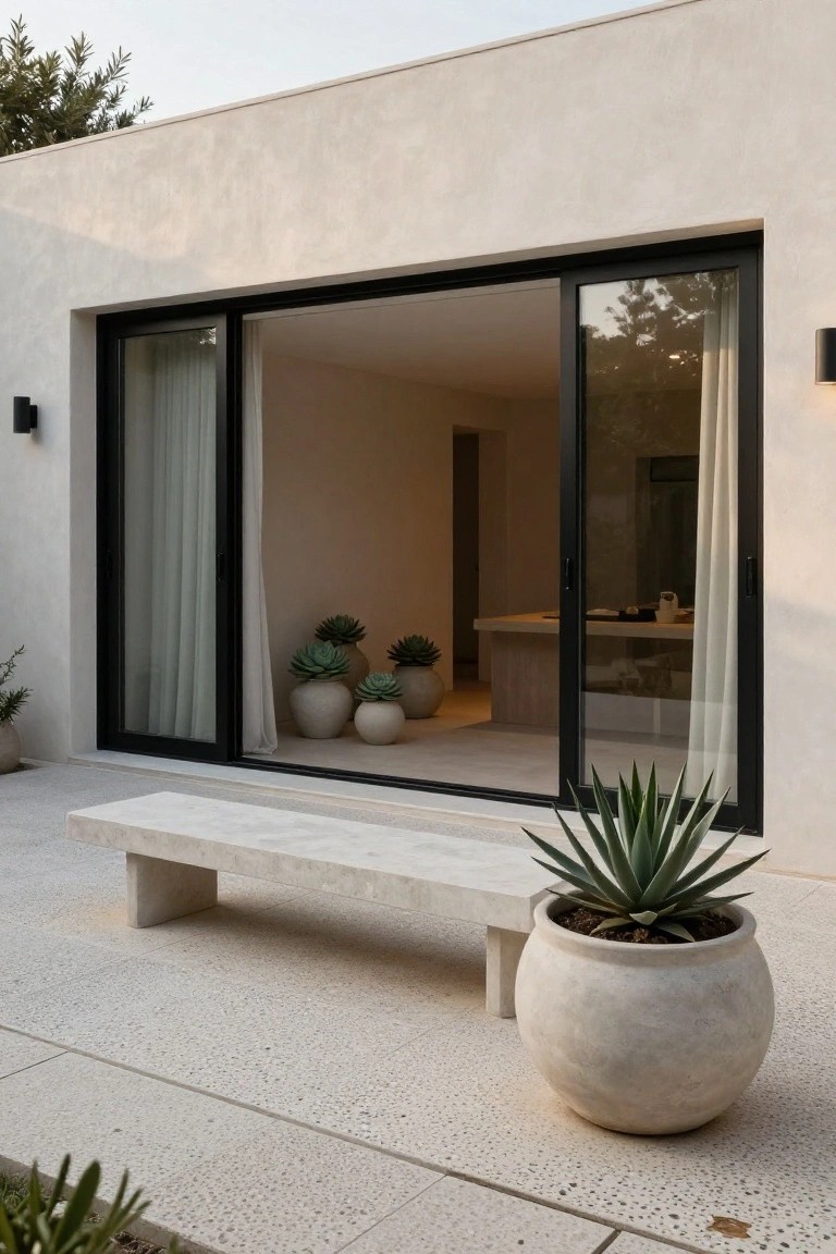 Beige stucco house wall with open black-framed sliding glass doors showing sheer curtains and potted succulents inside, stone bench and large potted agave plant on light pebbled patio floor.