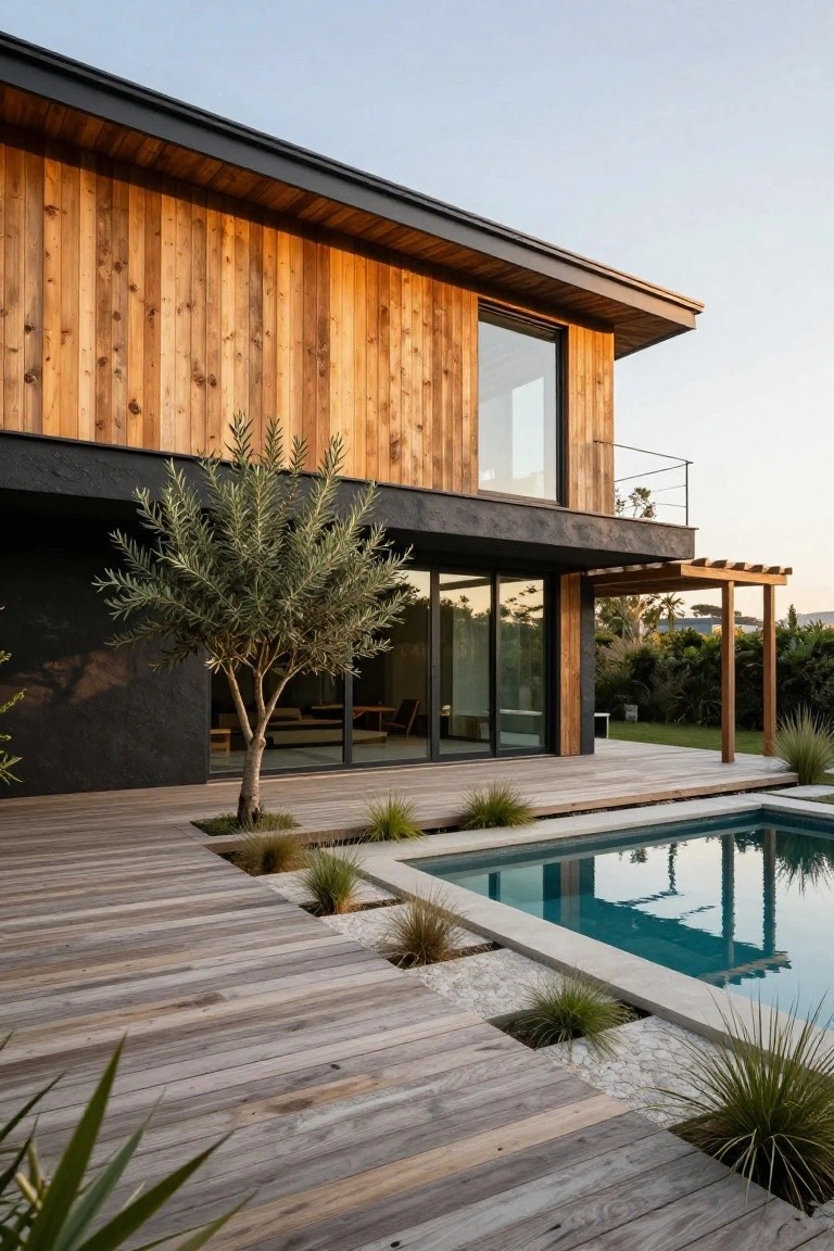 Modern house exterior featuring vertical golden wood siding on upper walls, black stucco base, large glass doors and windows, olive tree beside the house, wooden deck with integrated plantings leading to a rectangular swimming pool.