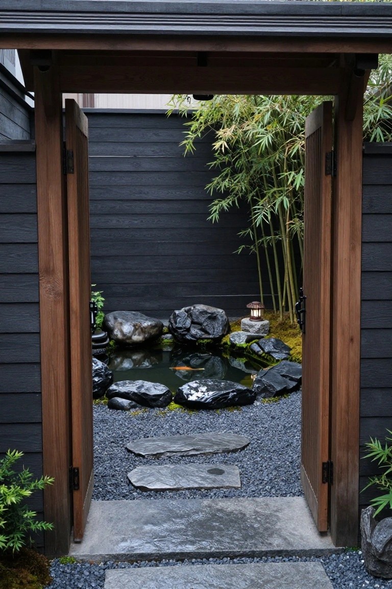 Wooden gates open to a Japanese zen pond with koi, rocks, and bamboo.