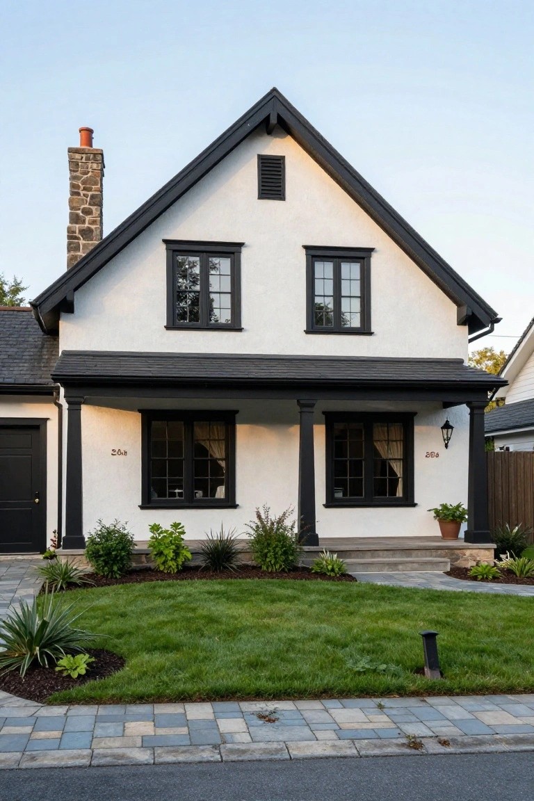 White stucco house with black window frames, black gabled roof, stone chimney, covered porch with black columns, front landscaping, and paver walkway.