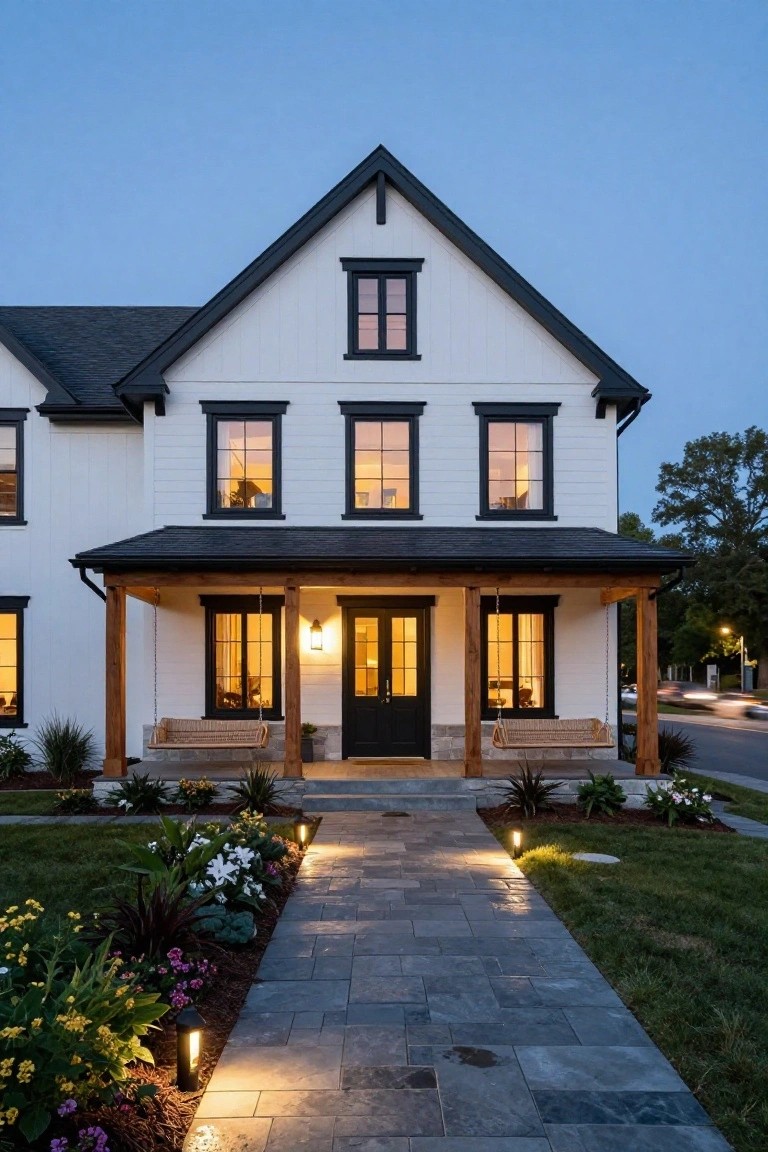 Two-story modern farmhouse exterior at dusk with white board-and-batten siding, black window and door frames, black shingled roof and porch, wooden porch swing, and stone pathway lined with plants and bollard lights.
