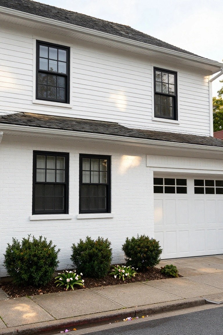 White two-story house with black-framed double-hung windows, white garage door, boxwood shrubs, and white flowers in front yard bed along concrete sidewalk.