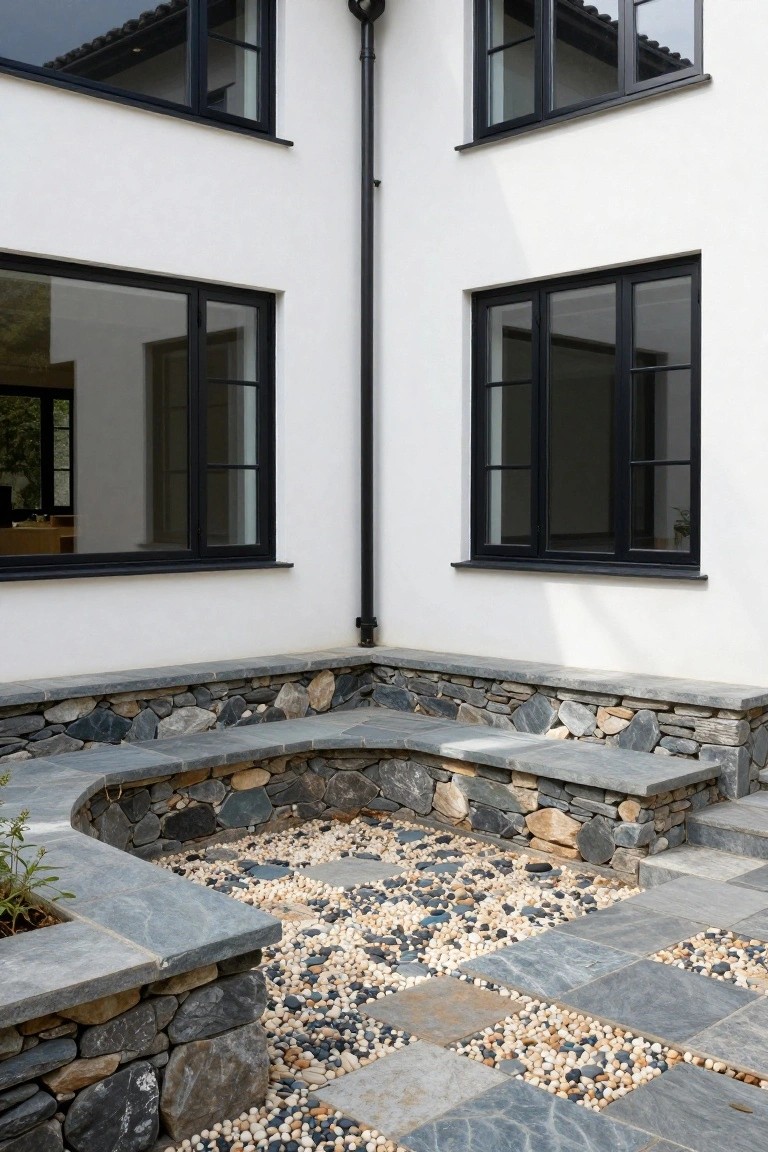 Curved low bench made of stacked slate stones topped with flat slabs, set in a pebble-covered patio area against a white house wall with black-framed windows.