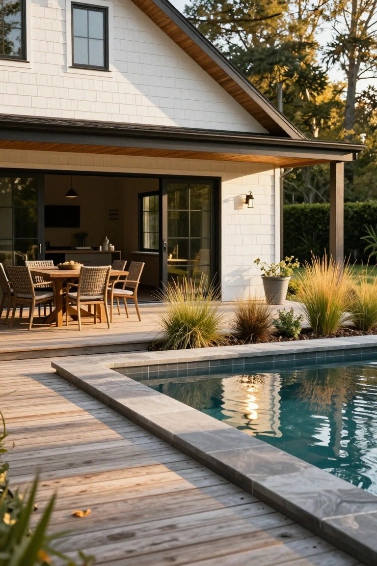 White shiplap house with black-framed windows and doors opens via sliding glass panels to a wooden deck holding a round table and woven chairs, adjacent to a rectangular pool edged in dark stone tiles and surrounded by ornamental grasses.