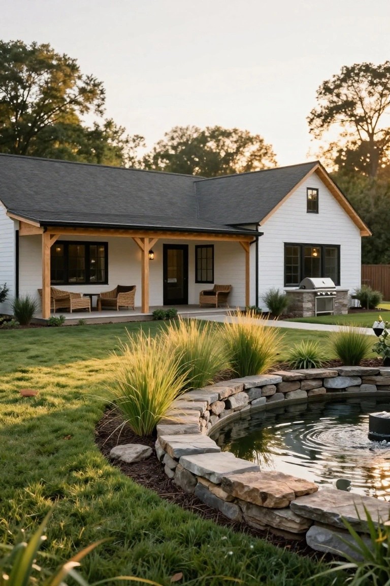 White modern farmhouse house with black-trimmed windows and covered wooden porch, adjacent to a curved natural stone wall fountain in the front lawn surrounded by ornamental grasses and pathway.