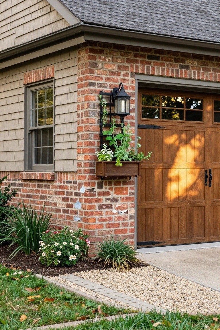 Detached garage corner with shingle siding, brick wall featuring black metal lantern light fixture with hanging plants and wooden planter box, wooden garage door with glass panels, and landscaped bed with gravel path.