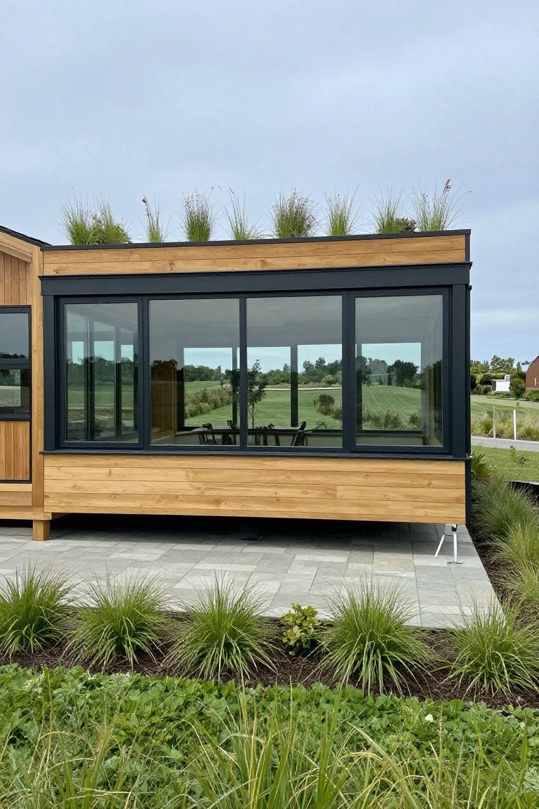 Modern pavilion structure with wooden siding, black metal-framed glass walls, sedum green roof with grasses, on a stone paver patio surrounded by native plants and fields in the background.