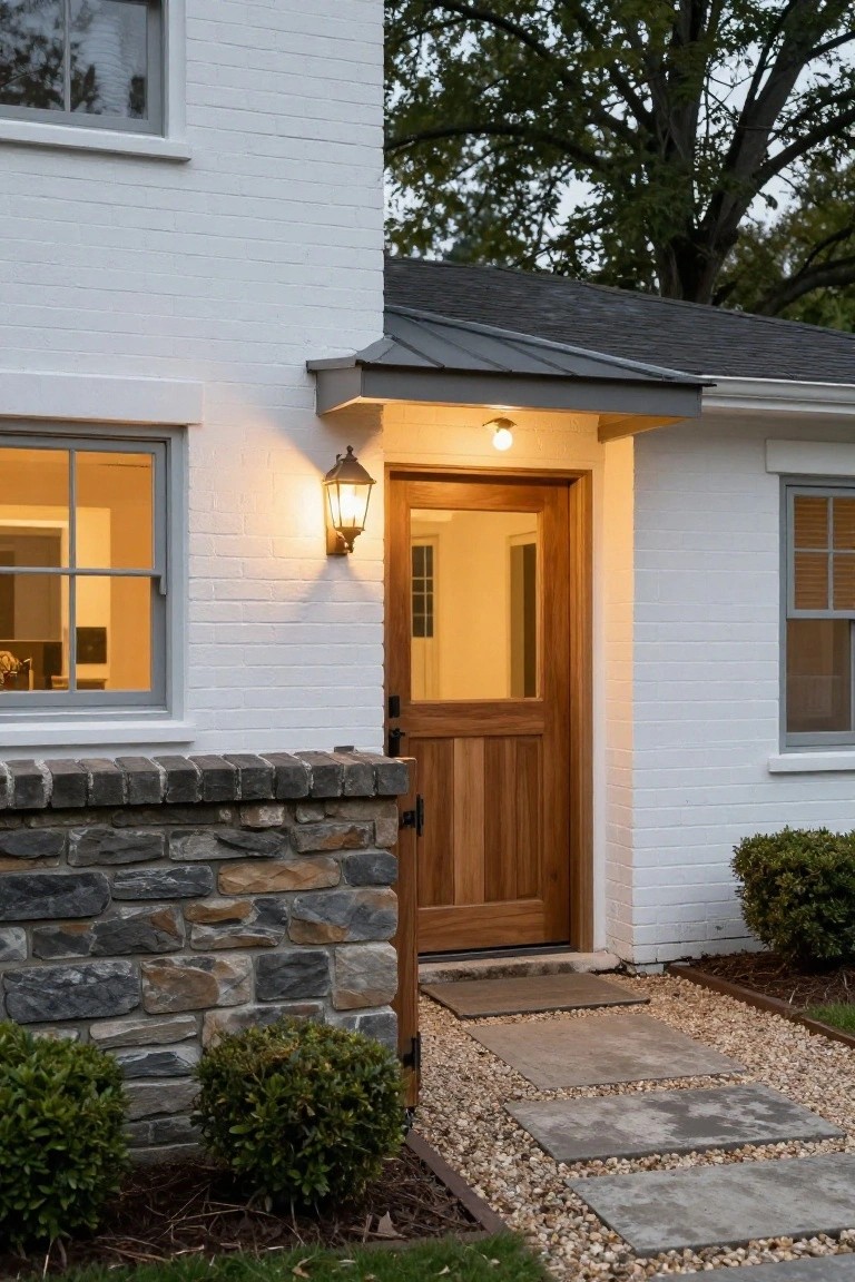 White brick house exterior featuring a wooden panel door with glass panels under a gray metal awning, flanked by a stone pillar and lantern light, with a paver stone pathway through gravel.