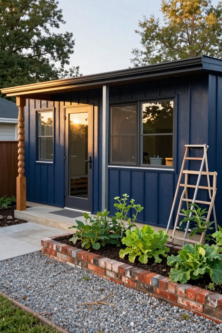 Navy blue board-and-batten shed with covered wooden porch, glass door and windows, leaning ladder on the side, and brick raised garden bed with vegetables in front on a gravel path.