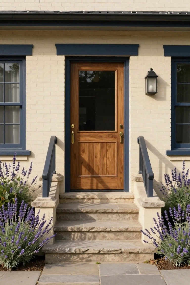 Front exterior of a light brick house with navy trim around windows and wooden door, brass door hardware, stone steps with black railings, lantern light, and lavender plants flanking the steps.