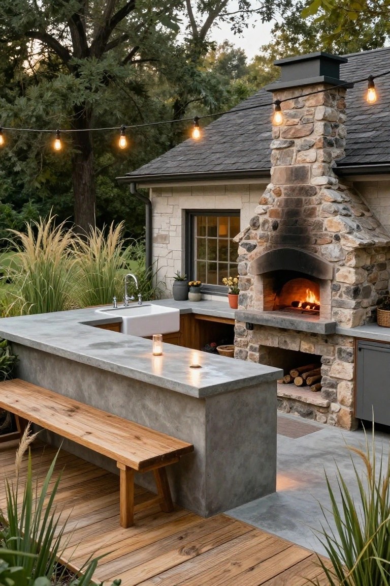 Backyard outdoor kitchen with a stone-built pizza oven containing fire, integrated into a gray concrete countertop bar with sink and cabinets, wooden bench seating, string lights overhead, adjacent to a house with matching stone chimney, and tall grasses nearby.