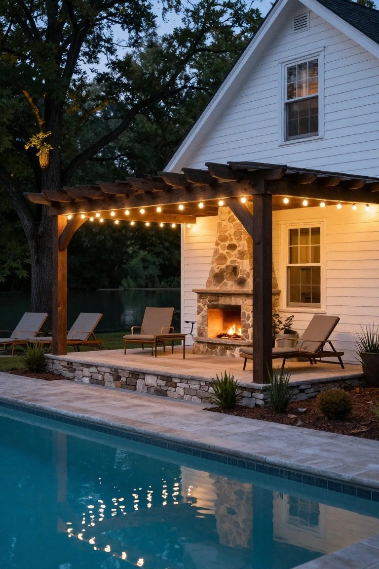 Outdoor pool with firepit patio, string lights, lounge chairs, and house.