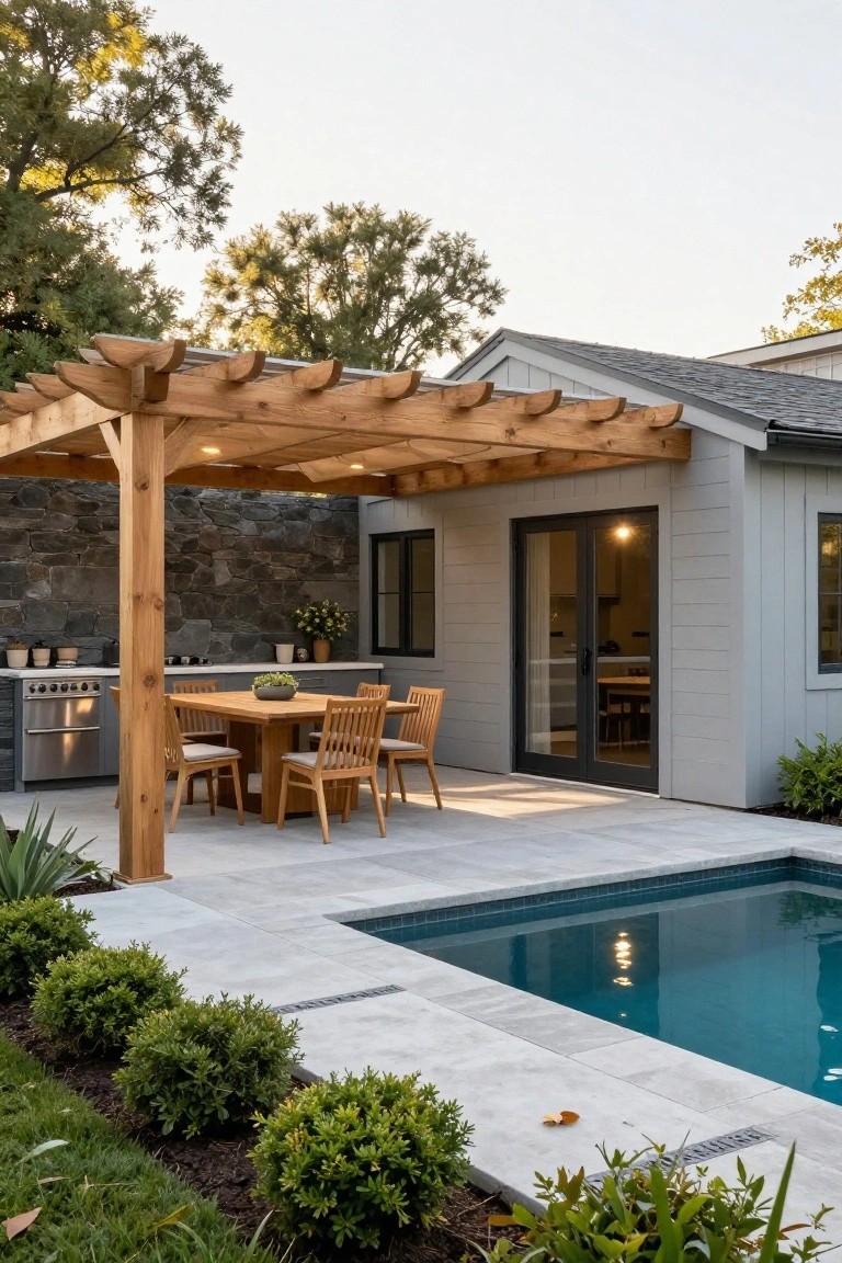 Wooden pergola covering an outdoor kitchen with counters, oven, and dining table on a tiled patio next to a house with gray siding, glass doors, stone wall, and small pool.