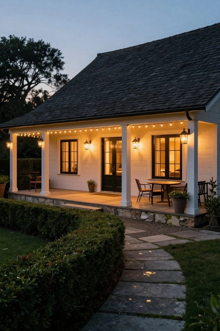 White board-and-batten house with gabled dark roof and covered front porch at dusk, lit by string lights, lanterns, and wall sconces, with stone pathway through hedges leading to black door and windows.