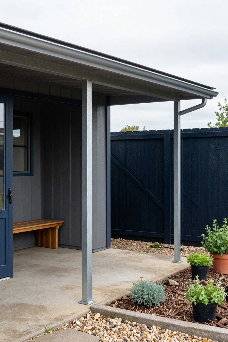 Gray shiplap garden shed with blue door and window under a metal-roofed porch supported by steel posts, wooden bench on concrete pad, dark blue fence, and landscaped gravel bed with potted plants.