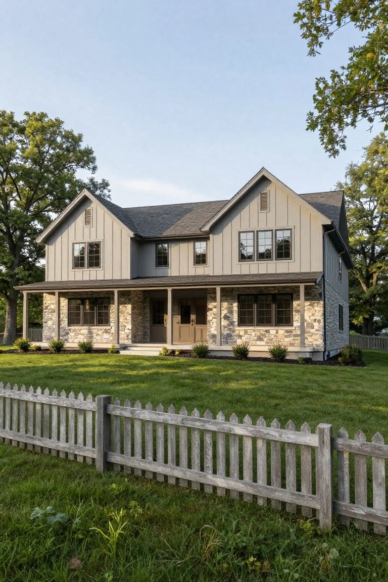 Gray two-story farmhouse with board and batten siding, stone veneer on lower level and porch column bases, covered front porch, black-framed windows, and white picket fence around green front lawn.