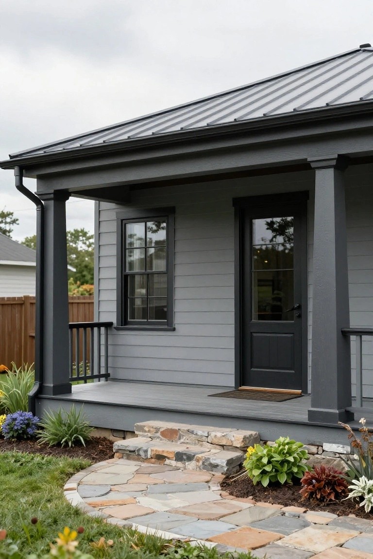 Gray clapboard house with black metal roof and covered porch supported by columns, black glass-paneled front door, and curved flagstone pathway edged by plants leading to stone steps.