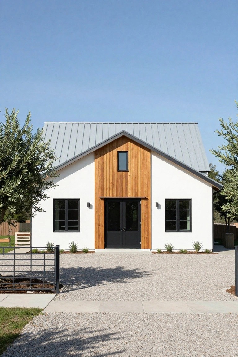 White stucco farmhouse with vertical wood cladding on the right gable and entry, gray standing-seam metal roof, black-framed windows and double doors, olive trees on sides, gravel driveway and gate in front.